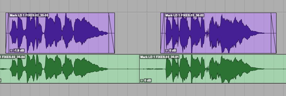 A digital audio workstation (DAW) window displaying colored waveform regions with visible fade handles at the start and end, demonstrating background noise removal and smooth fade transitions on vocal tracks.